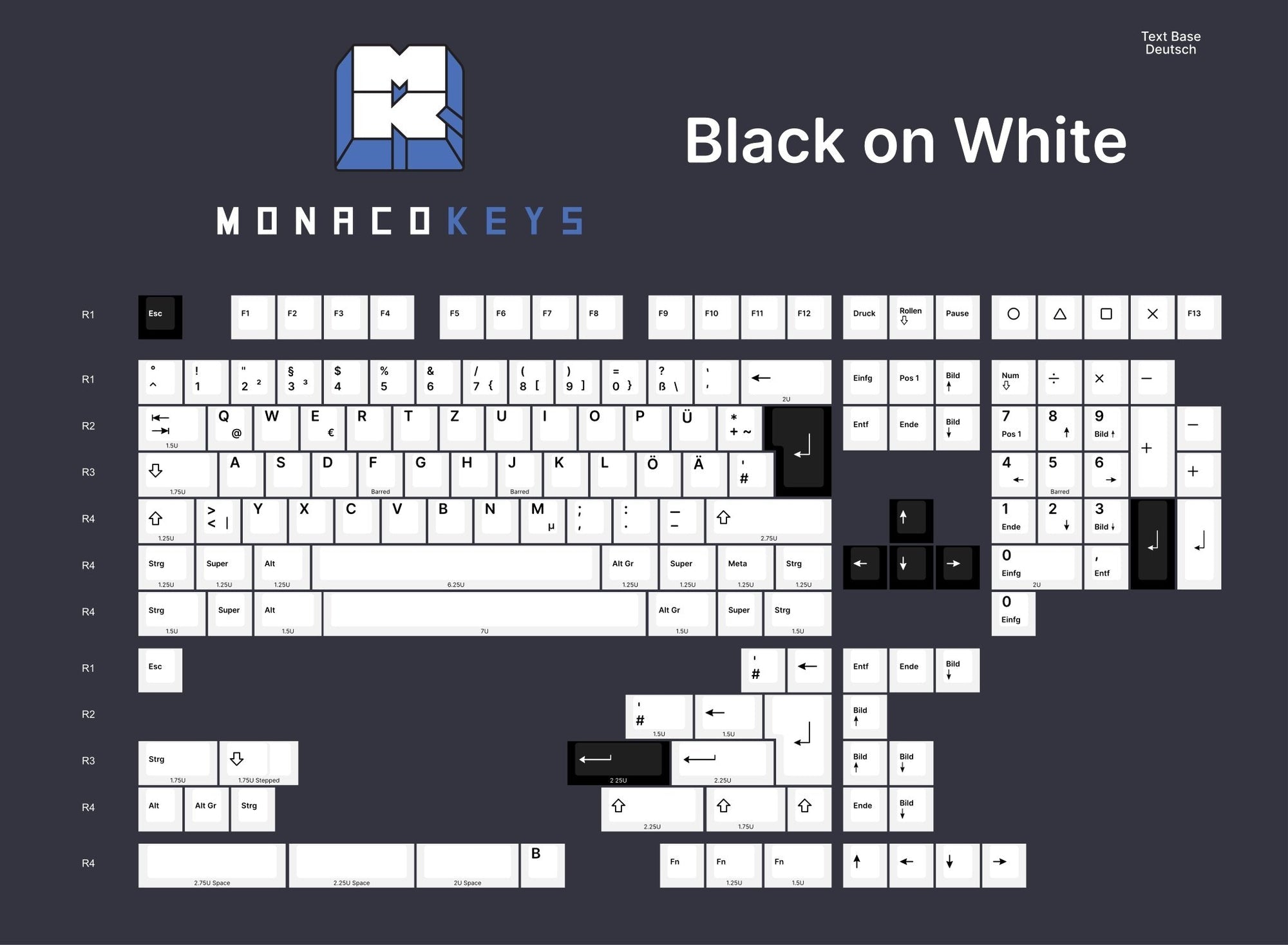 Monacokeys Black on White (ISO-DE) (Text Modifier) Keycap Set - InputGear DE